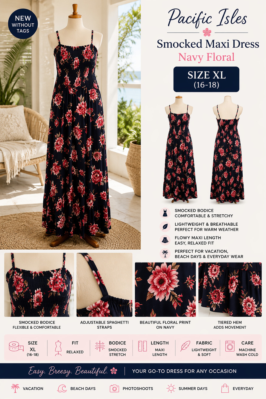 Pacific Isles XL Navy Floral Smocked Maxi Dress Adjustable Straps Summer Beach